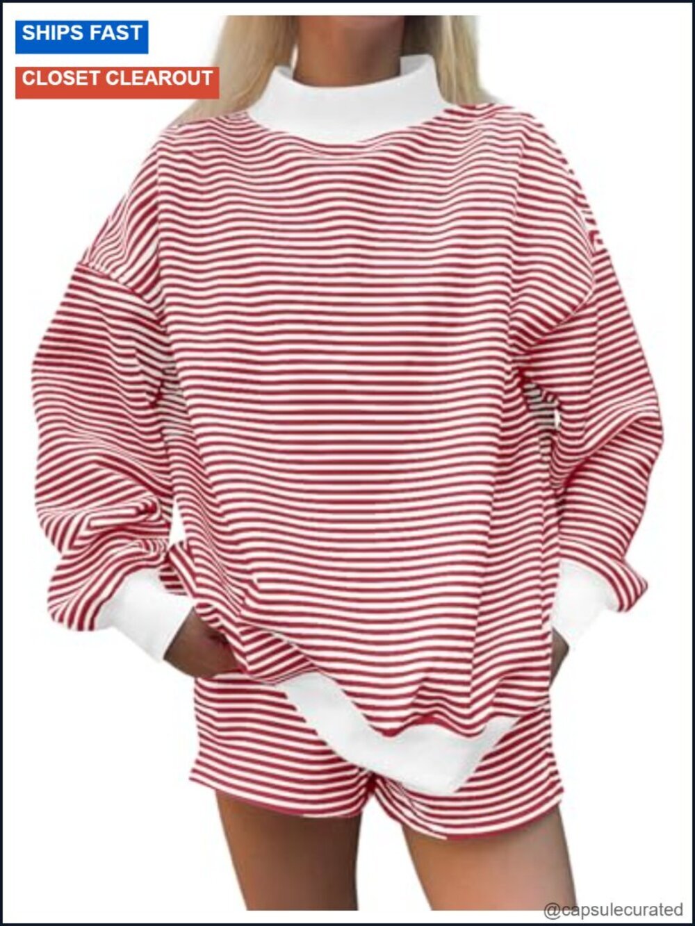 Oversized Mock Neck Sweatshirt Striped Long Sleeve Pullover Tops Casual